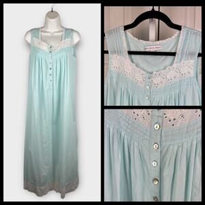 Eileen West Blue Cotton Sleeveless Lace Midi Nightgown Small Prairie Cottagecore